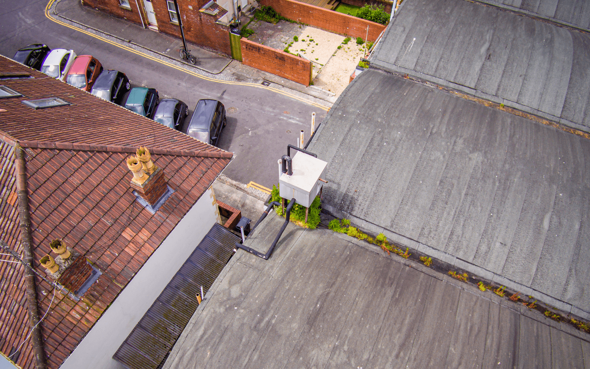 "DJI Inspire 1" aerial drone photo for a roof survey in Bedminster, Bristol showing an air conditioning unit