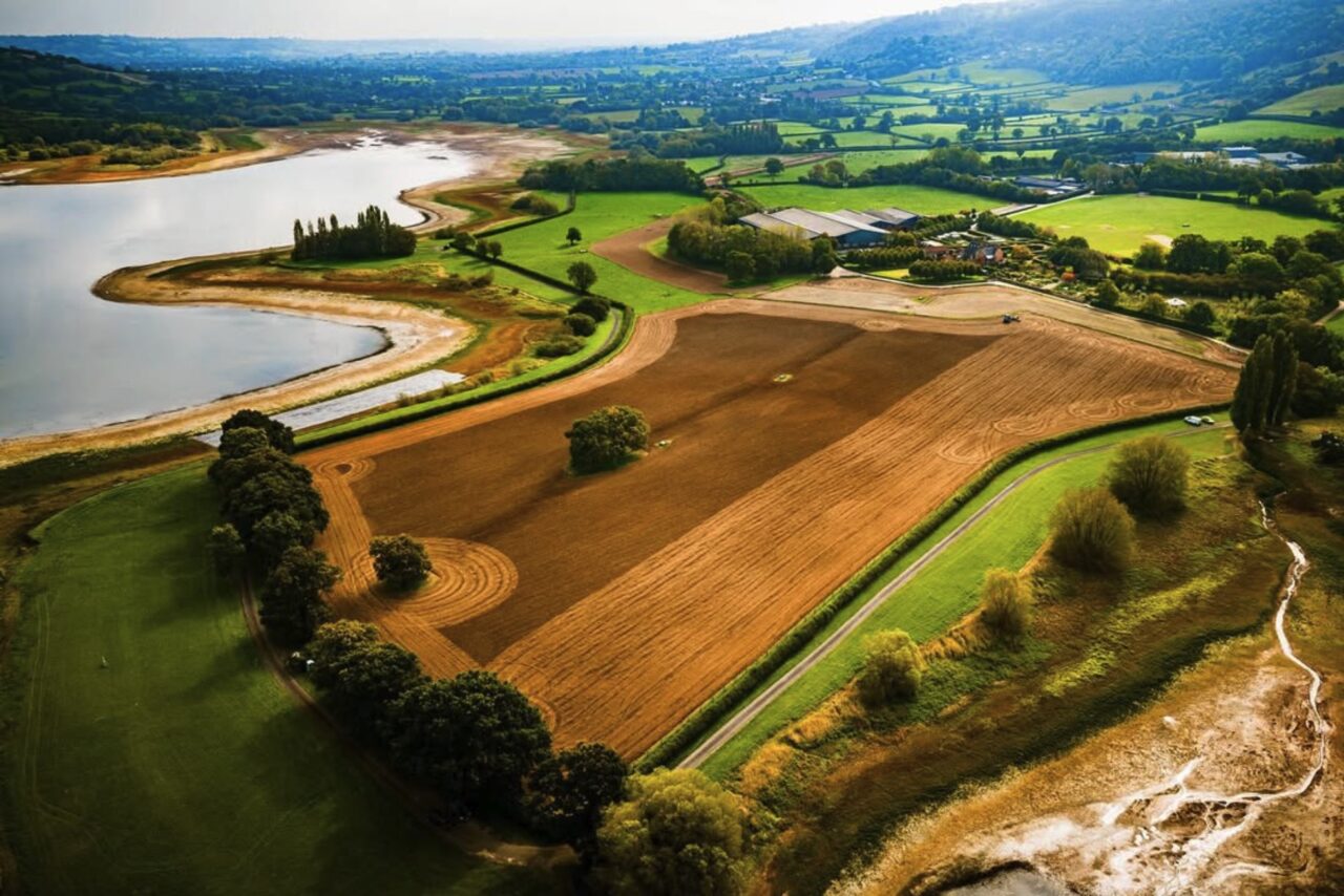 An aerial photo of the landscape at Yeo Valley Farm and its surrounding area.